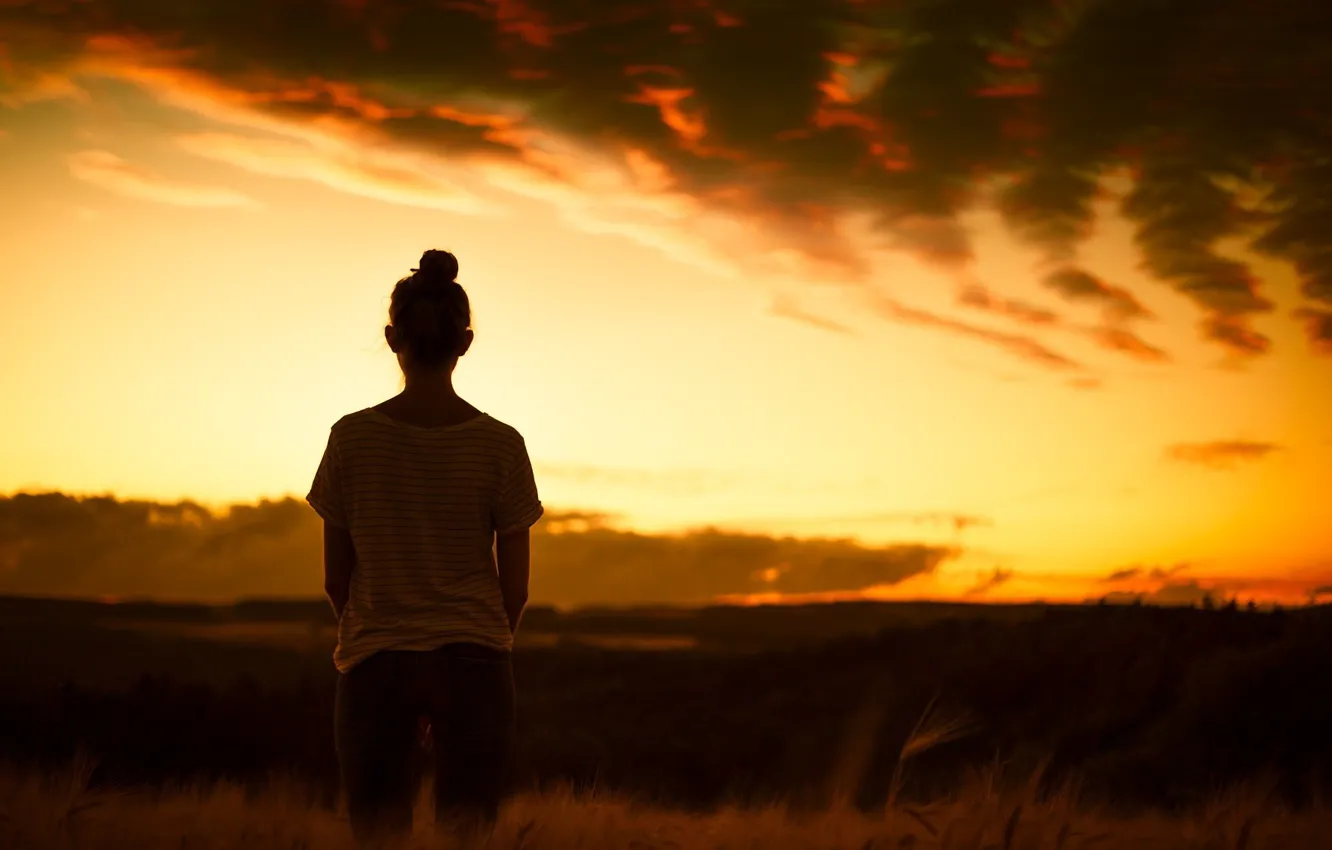 Photo wallpaper the sky, girl, landscape, sunset, nature, pose, model, jeans