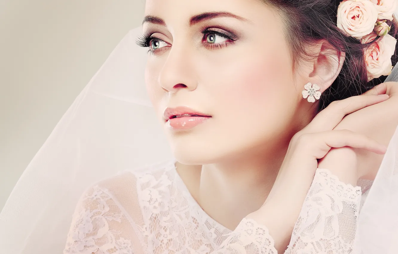 Photo wallpaper look, flowers, face, Girl, brown hair, hairstyle, the bride