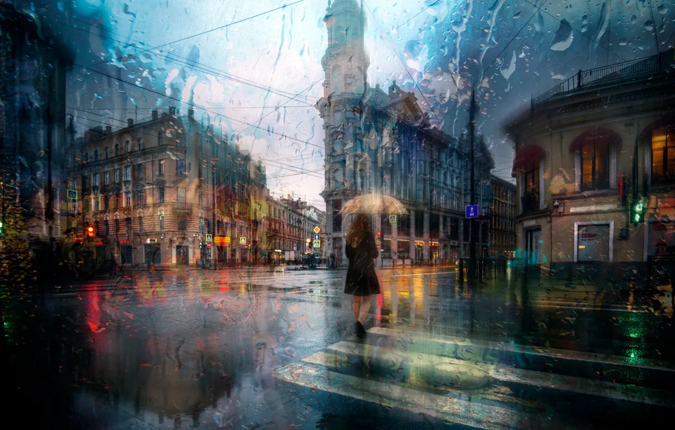 Photo wallpaper girl, the city, rain, building, home, the evening, Peter, Saint Petersburg