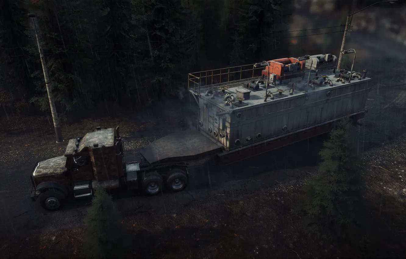 Photo wallpaper HDR, game, trees, smoke, wood, truck, Michigan, UHD