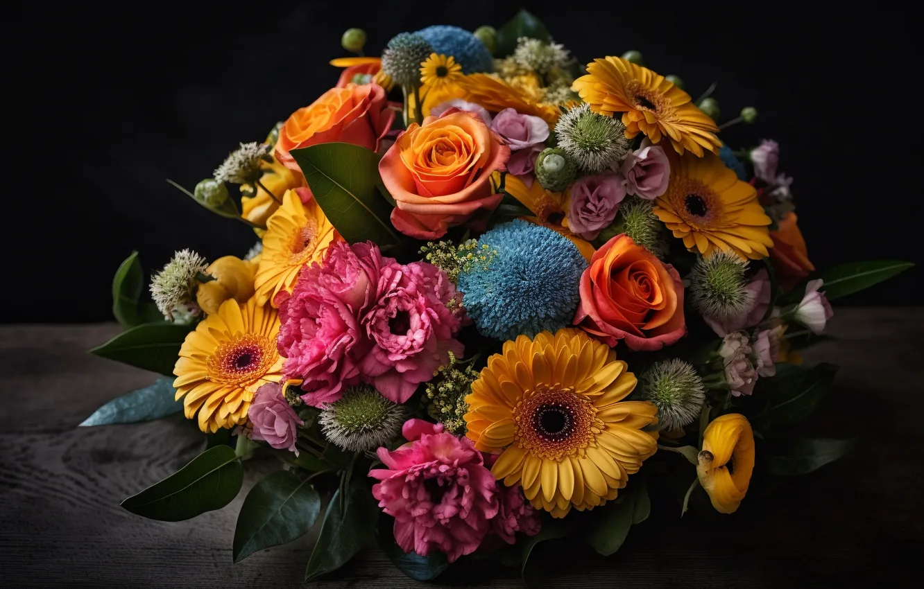 Photo wallpaper leaves, flowers, yellow, blue, bright, Board, roses, bouquet