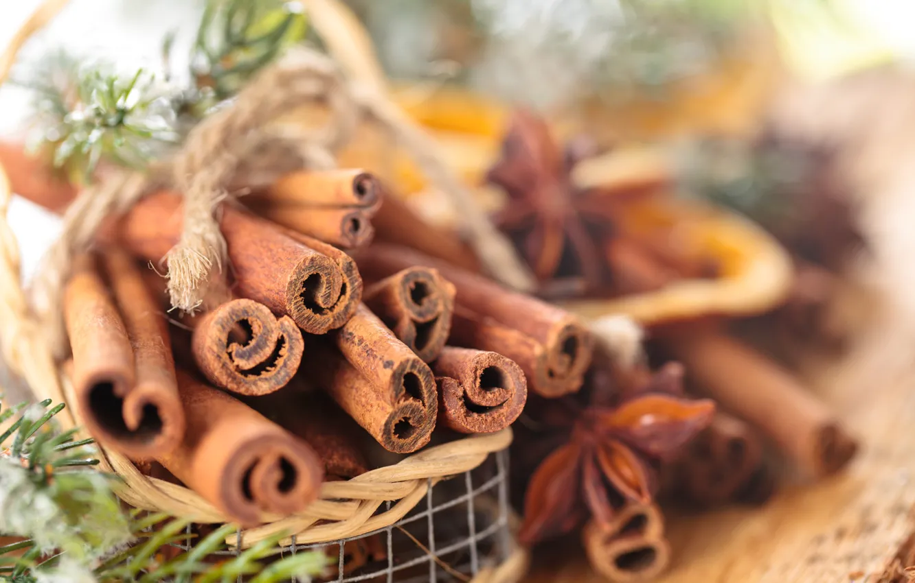 Photo wallpaper new year, spruce, Christmas, cinnamon, basket, needles, Christmas, New Year