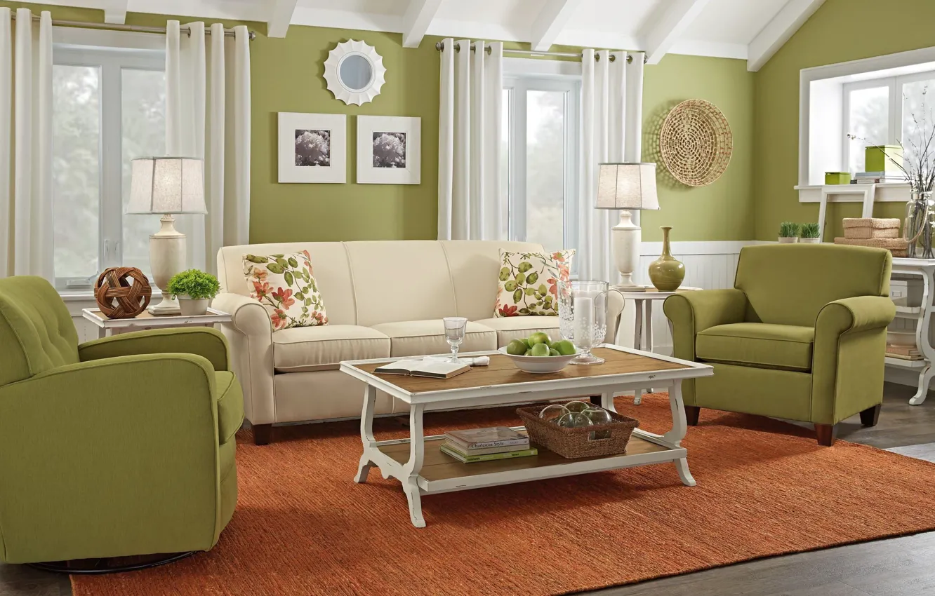 Photo wallpaper design, style, interior, living room, living room Woodchuck, beautiful furniture and decor, natural green, fine …