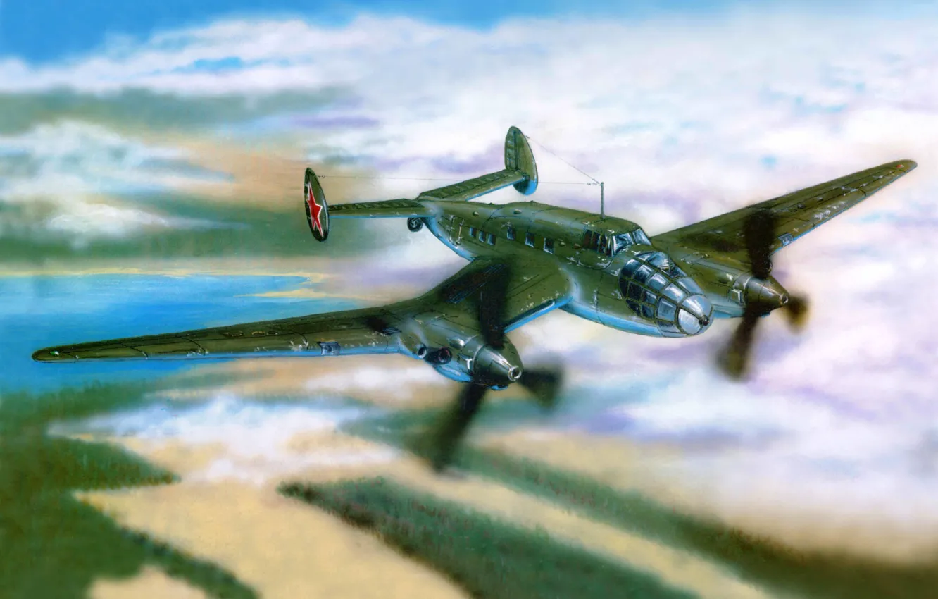 Photo wallpaper the sky, flight, war, figure, bomber, the plane, Soviet, twin-engine