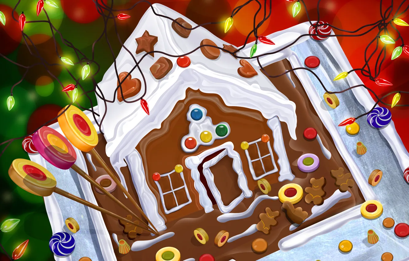 Photo wallpaper new year, sweets, cake, house, garland