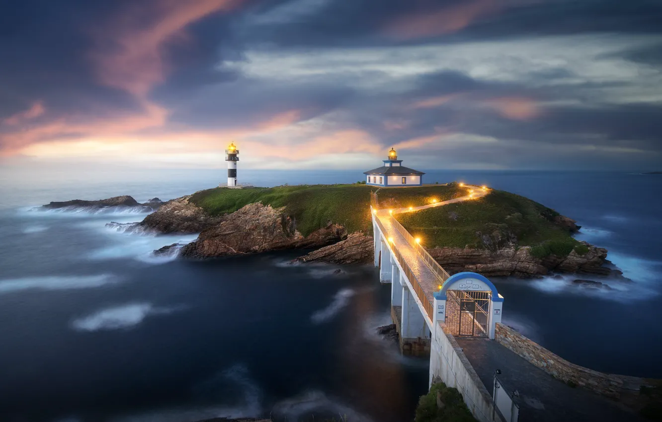 Photo wallpaper sea, bridge, lighthouse, island, Spain, Spain, Ribadeo, Galicia