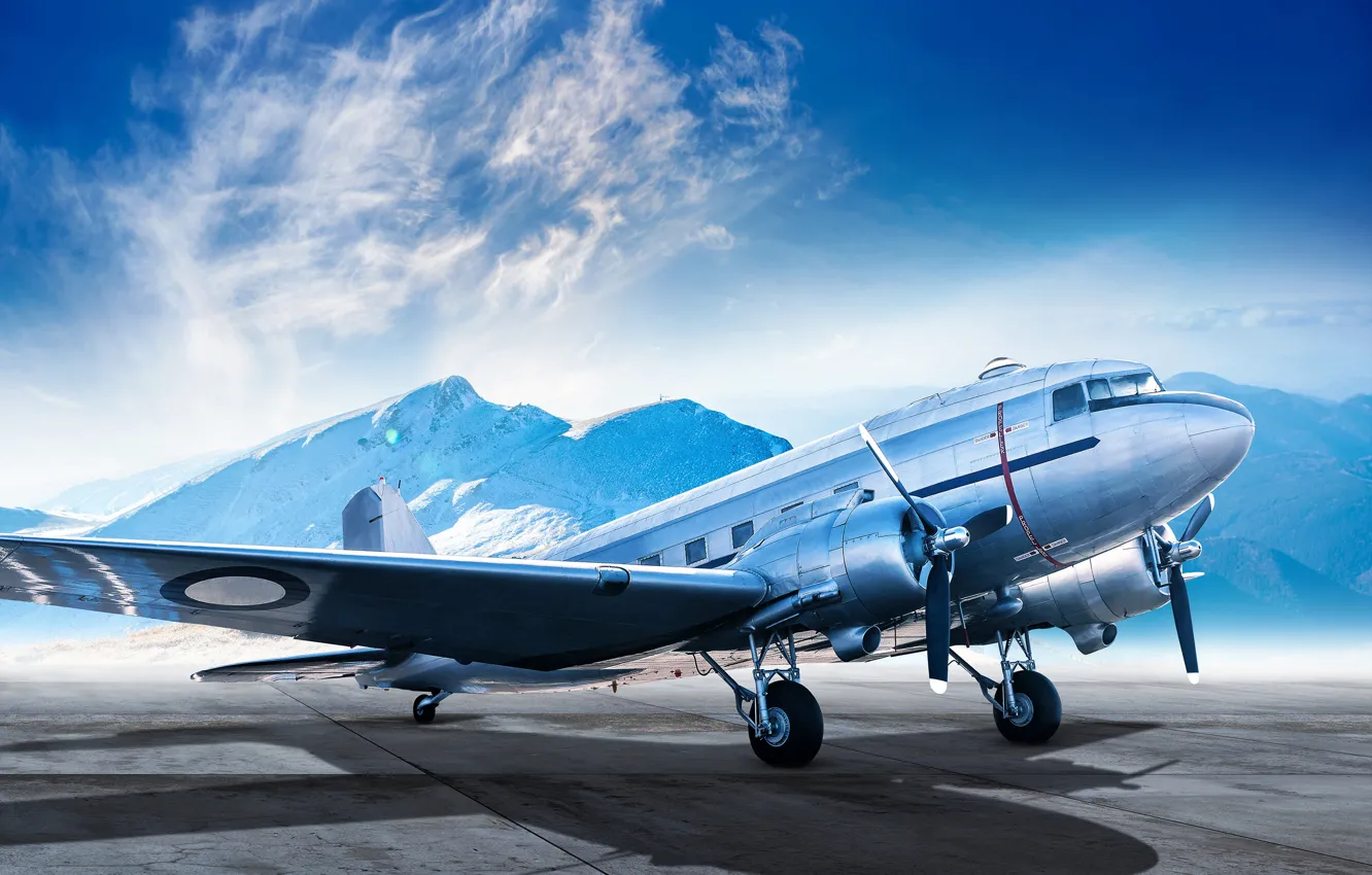 Photo wallpaper the sky, the sun, clouds, landscape, mountains, blue, shadow, the plane