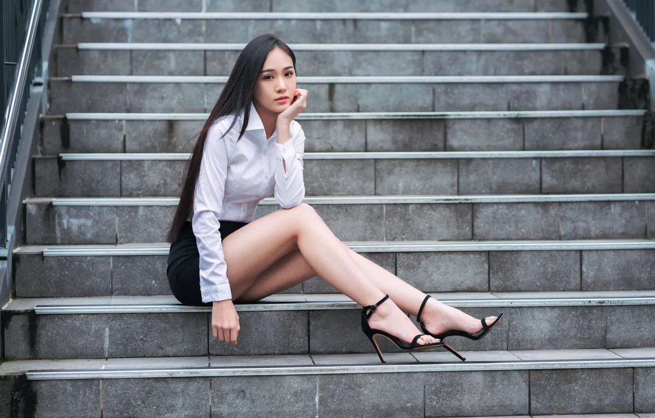 Photo wallpaper look, pose, mini skirt, Asian, long legs, white blouse, sitting on the steps