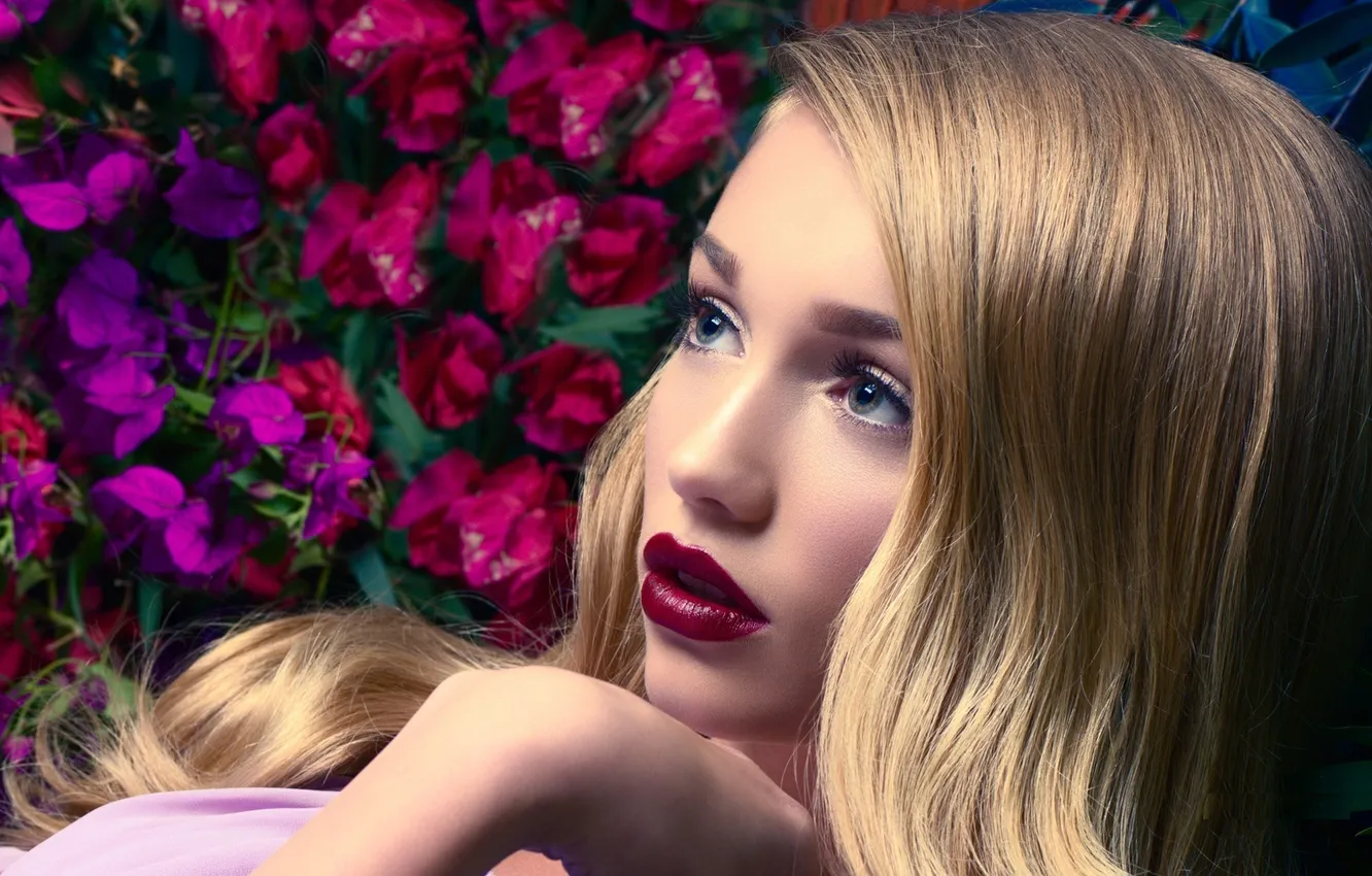 Photo wallpaper look, girl, flowers, eyelashes, model, hair, makeup, blonde