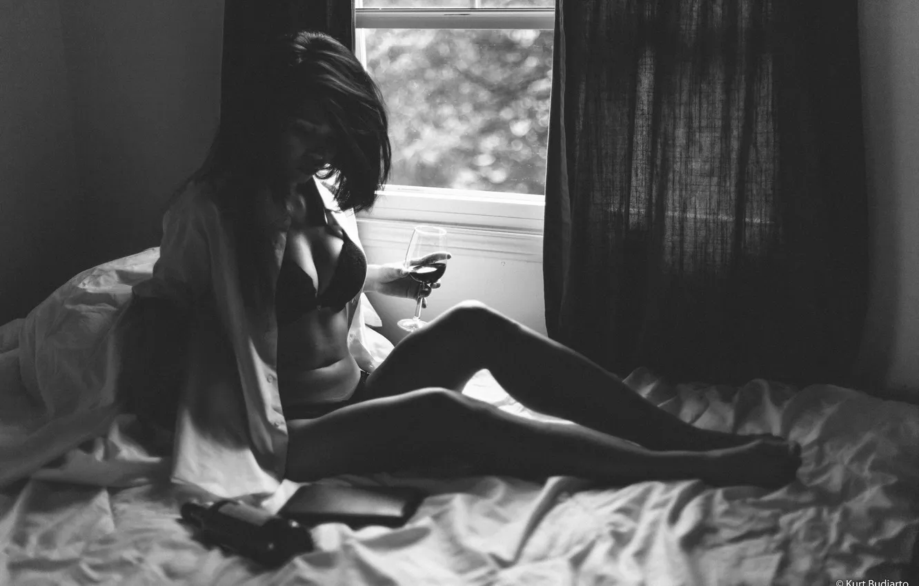 Photo wallpaper girl, photo, wine, model, glass, underwear, brunette, bed