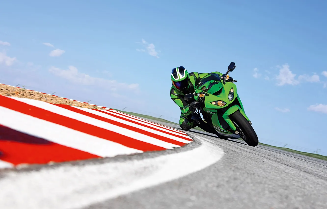 Photo wallpaper people, speed, turn, Kawasaki, Kawasaki, stories, Moto Wallpaper, ninja