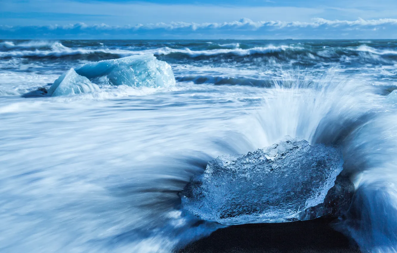 Photo wallpaper ice, sea, wave, the sky, clouds, ice