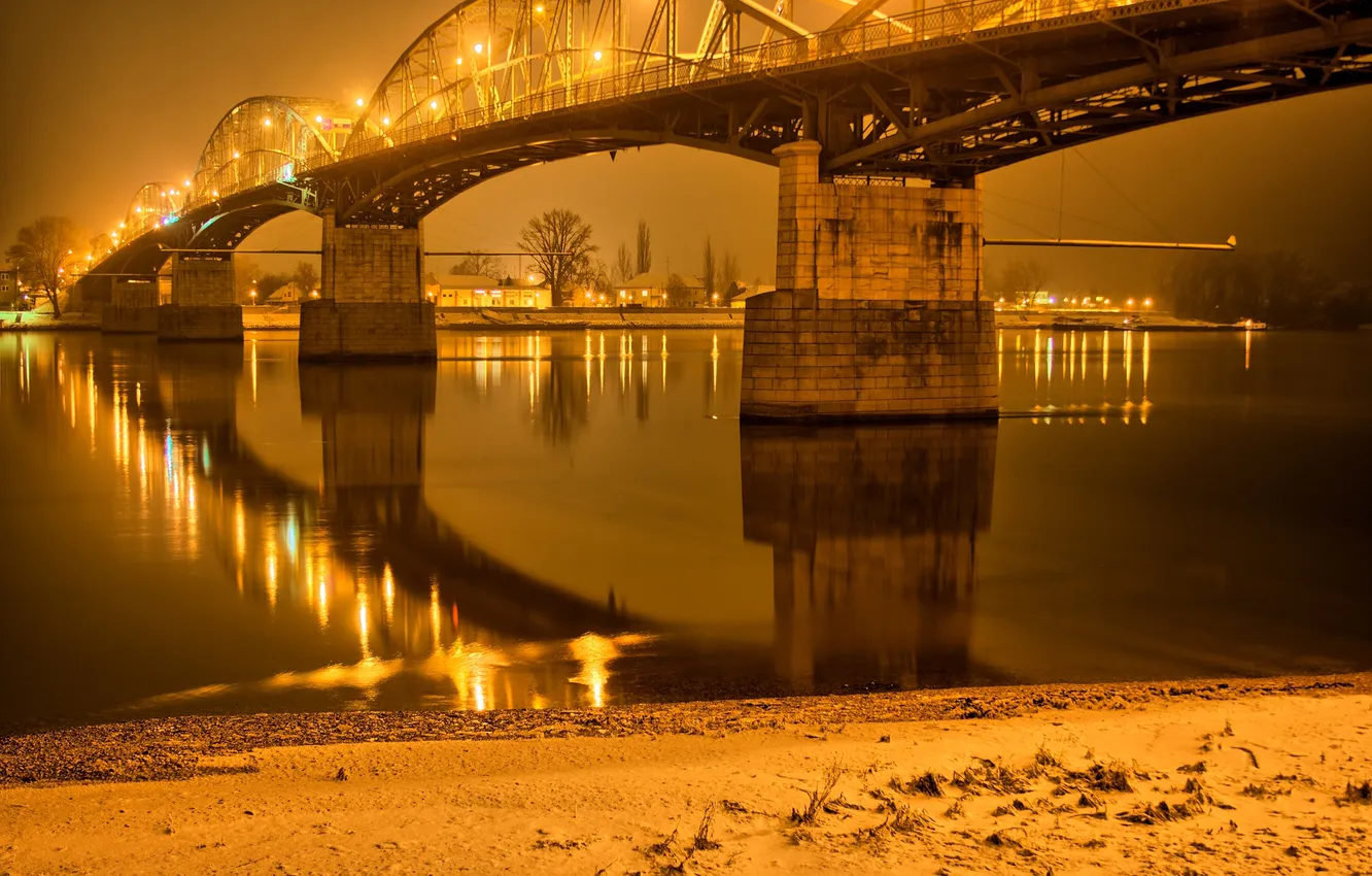 Photo wallpaper night, bridge, lights, river, lights, Gran, Hungary