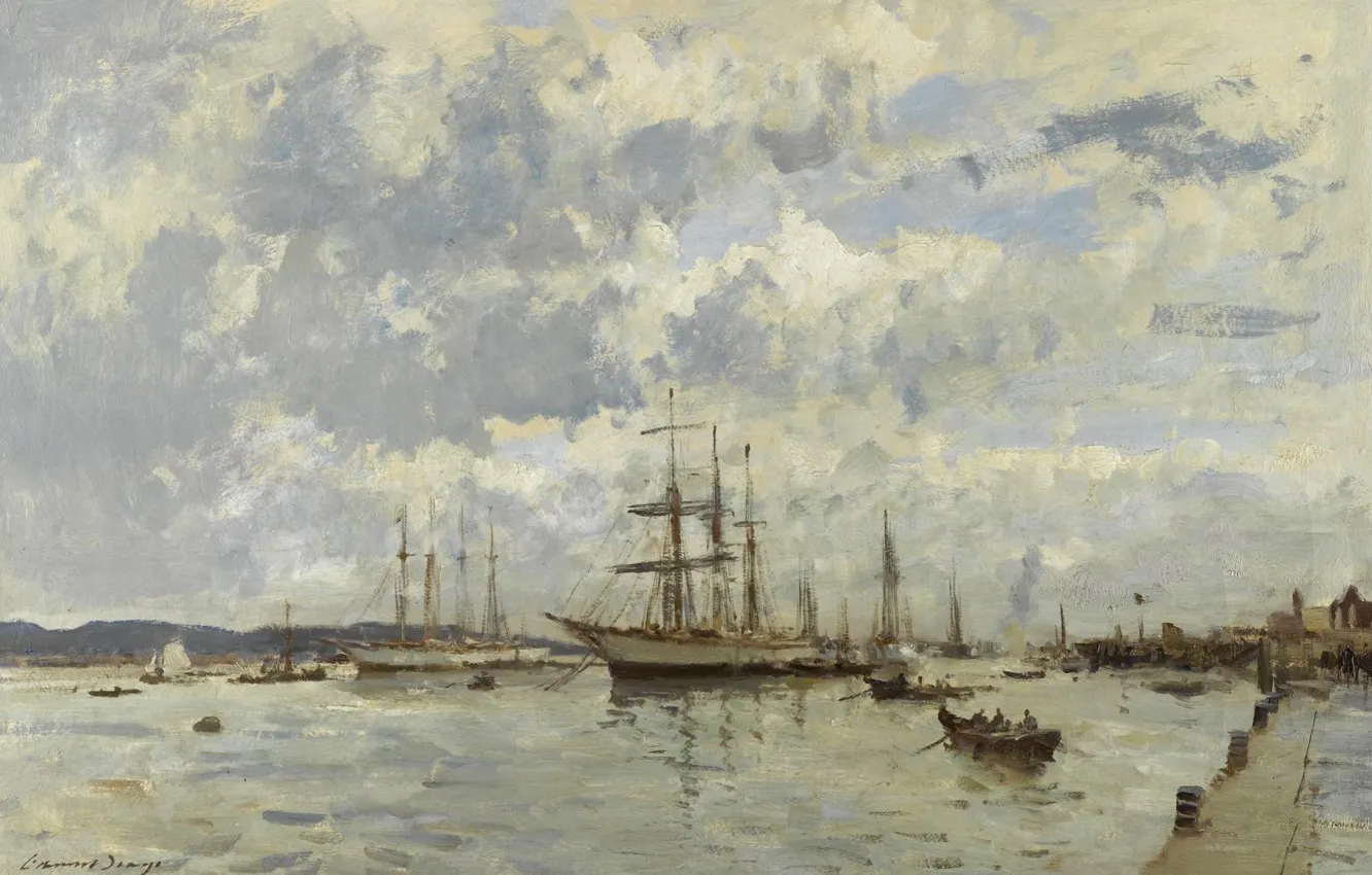 Photo wallpaper landscape, ship, picture, Edward Seago, On The River Tagus. Portugal