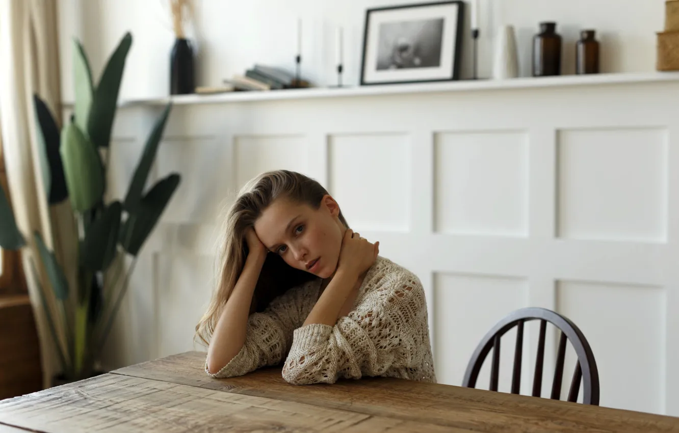 Photo wallpaper look, pose, room, model, portrait, makeup, hairstyle, chair