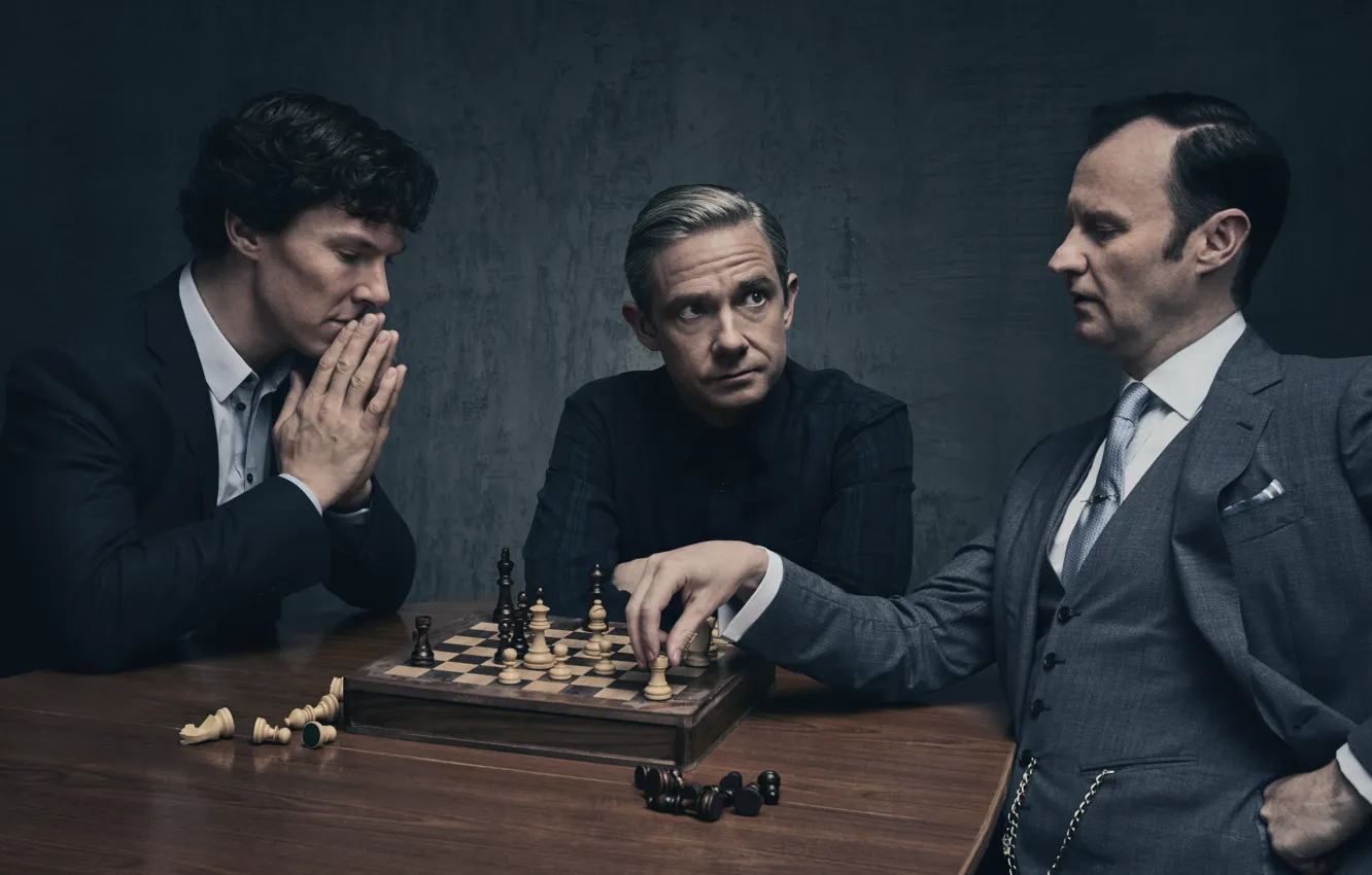 Photo wallpaper background, the game, chess, Martin Freeman, Benedict Cumberbatch, Benedict Cumberbatch, Sherlock, Mark Gatiss