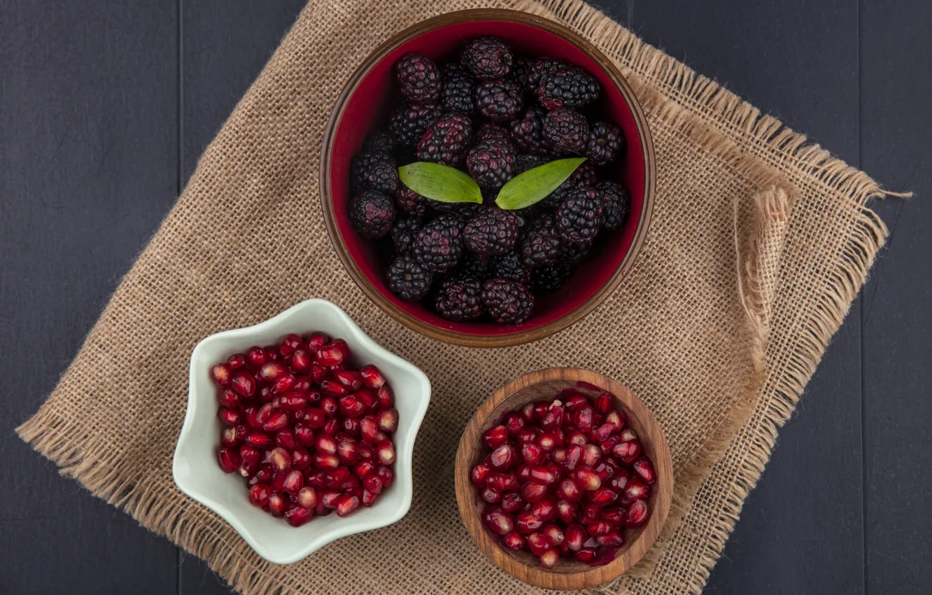 Photo wallpaper berries, bowl, BlackBerry, garnet, pomegranate grains