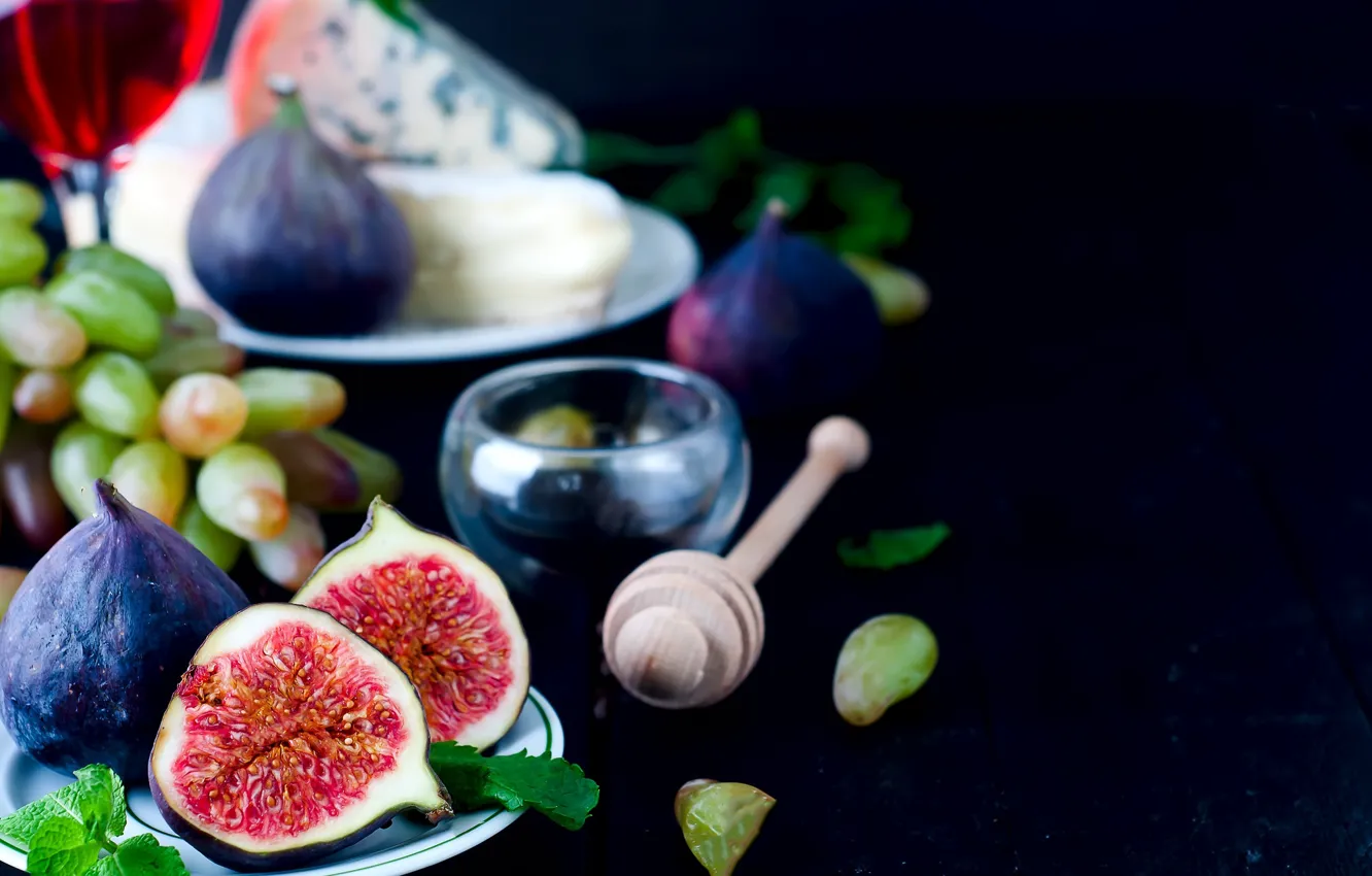 Photo wallpaper cheese, honey, grapes, figs