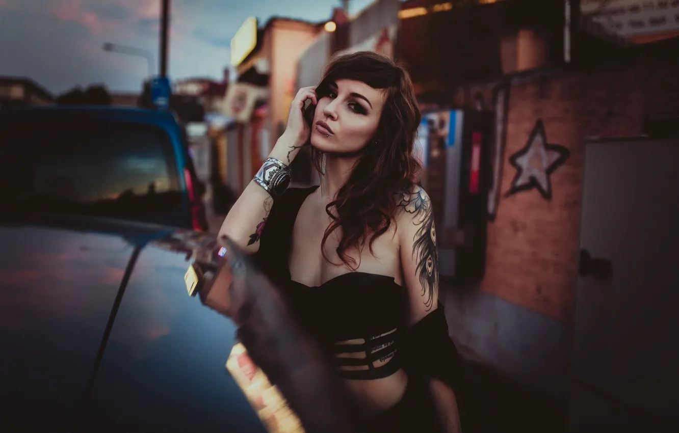 Photo wallpaper look, pose, street, model, portrait, the evening, makeup, piercing
