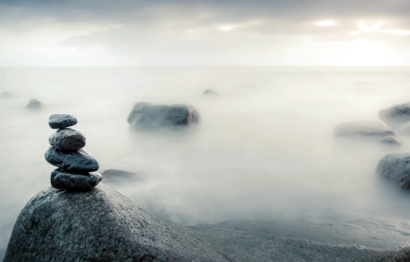 Photo wallpaper sea, nature, fog, stones