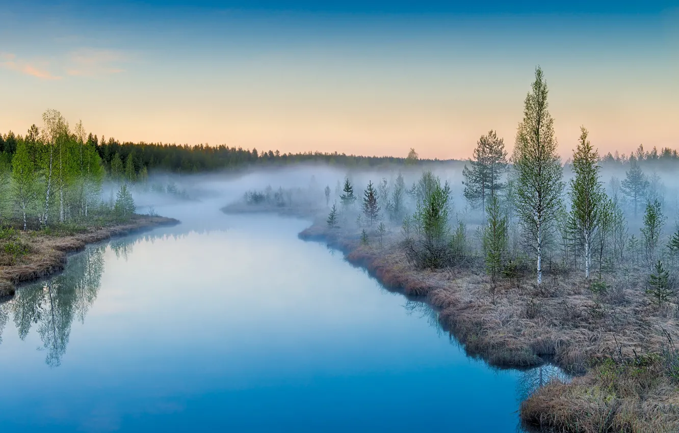 Photo wallpaper landscape, sunrise, Finland, Mist Rising