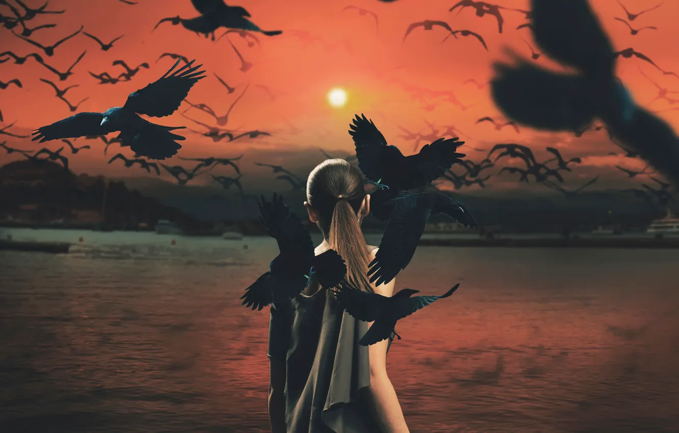 Photo wallpaper girl, the sun, birds, crows, mythology series