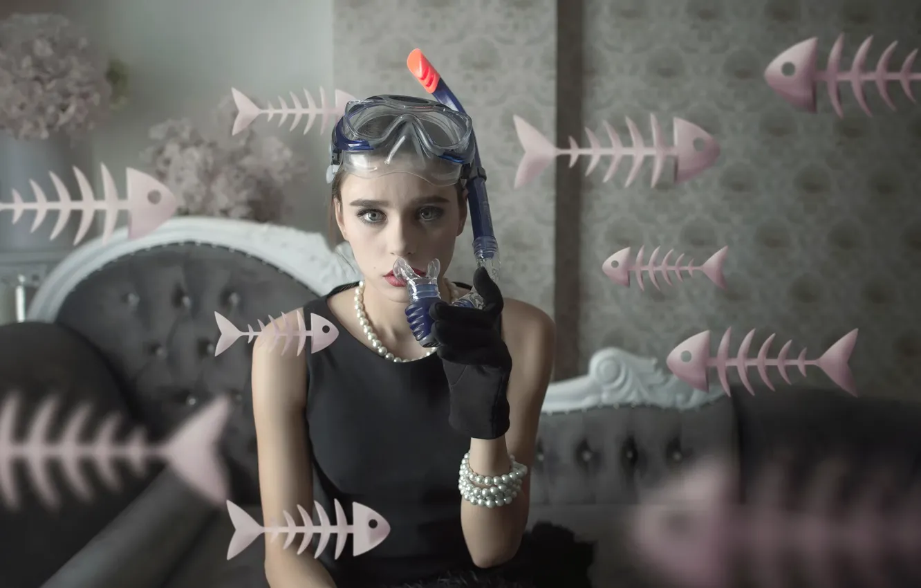 Photo wallpaper sea of dreams, bones, fish, girl, glasses, skeleton