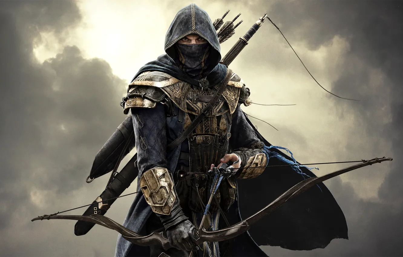 Photo wallpaper the sky, look, clouds, sword, warrior, mask, bow, hood