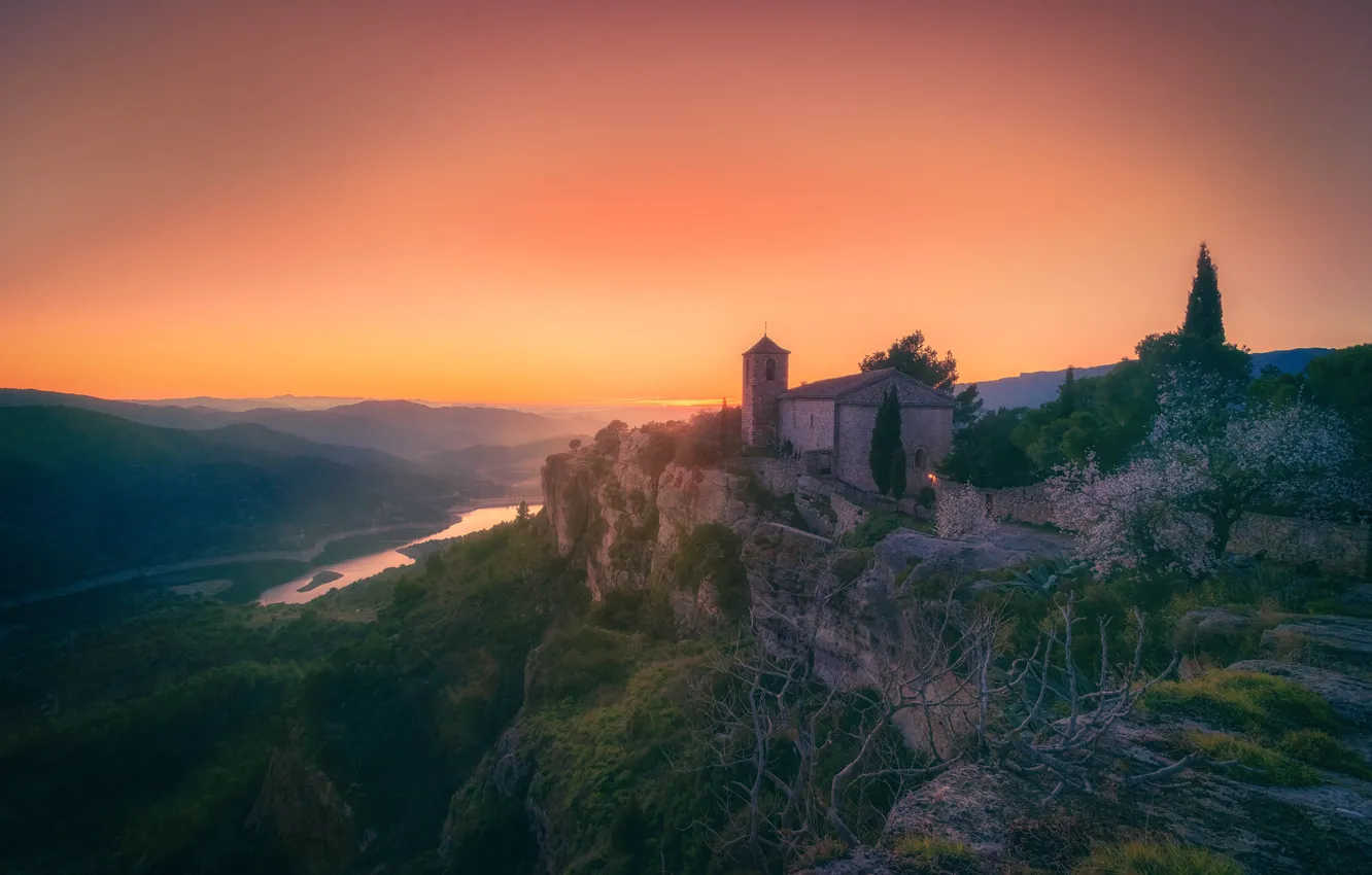 Photo wallpaper the sky, trees, sunset, mountains, fog, river, castle, rocks
