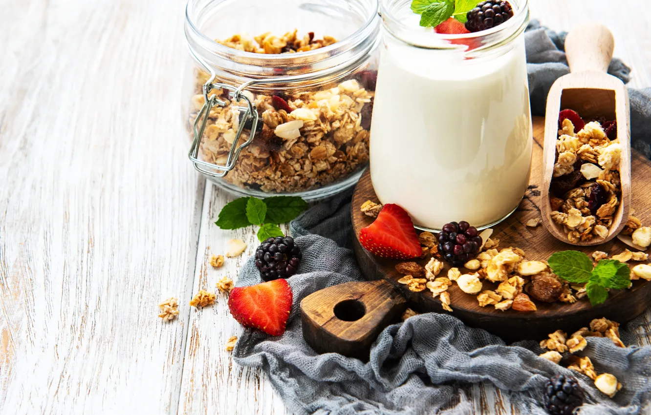 Photo wallpaper granola, yogurt, berries, Breakfast, Olena Rudo