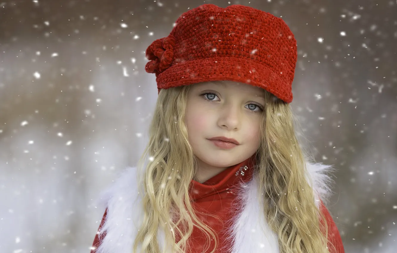 Photo wallpaper winter, look, snow, face, mood, clothing, tenderness, child