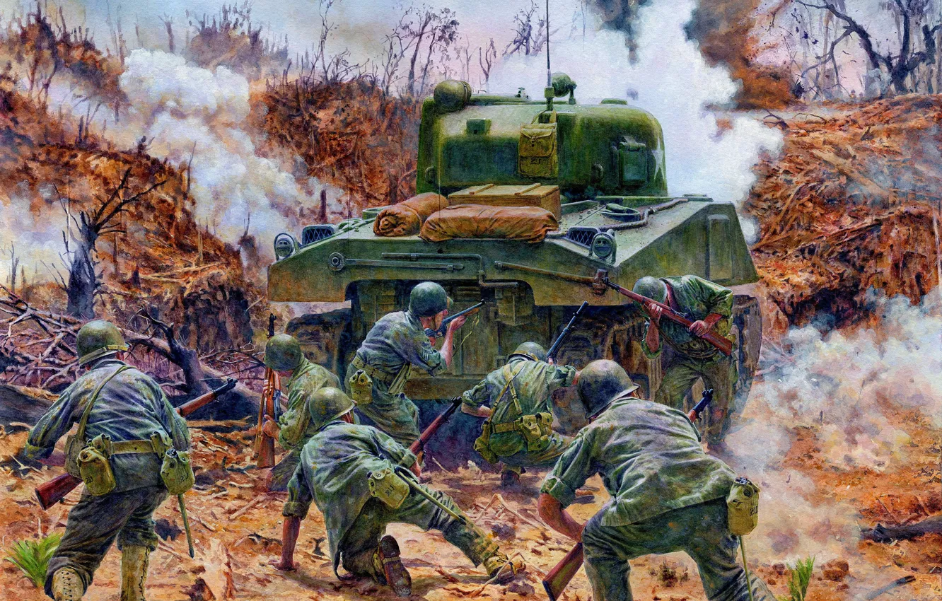 Photo wallpaper Smoke, War, Battle, Soldiers, USA, Art, Tank, M4A1