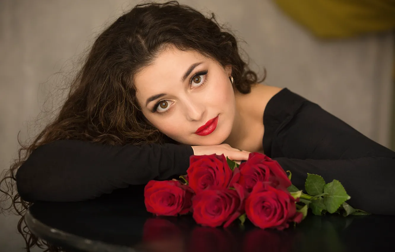 Photo wallpaper look, girl, flowers, portrait, roses, makeup, brunette, Alexey Nazarov