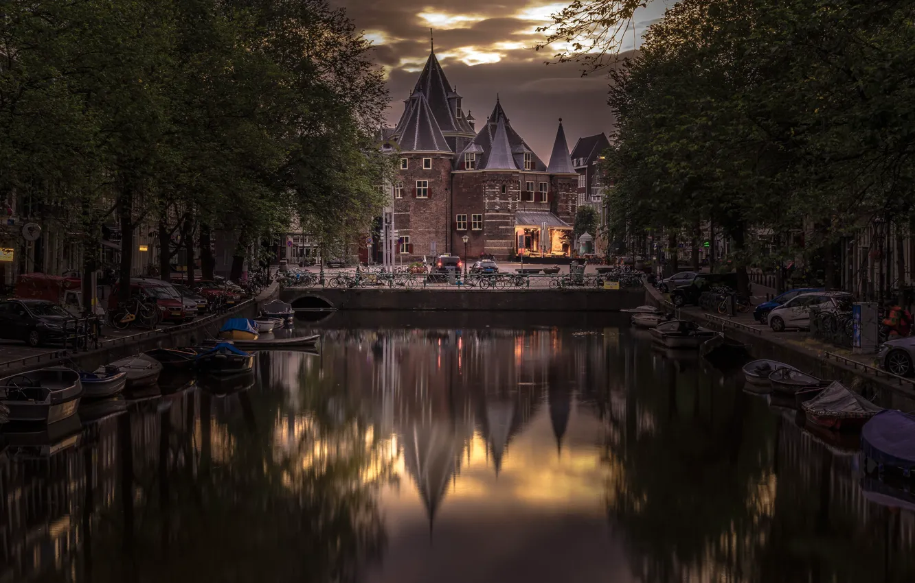 Photo wallpaper trees, reflection, tower, home, Amsterdam, channel, Netherlands