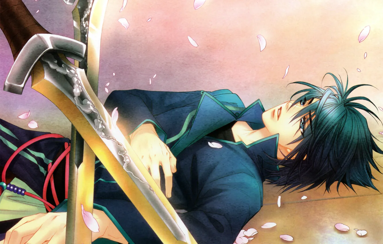 Photo wallpaper sword, hands, petals, art, blade, visual novel, harukanaru toki no naka de 4, tohko mizuno