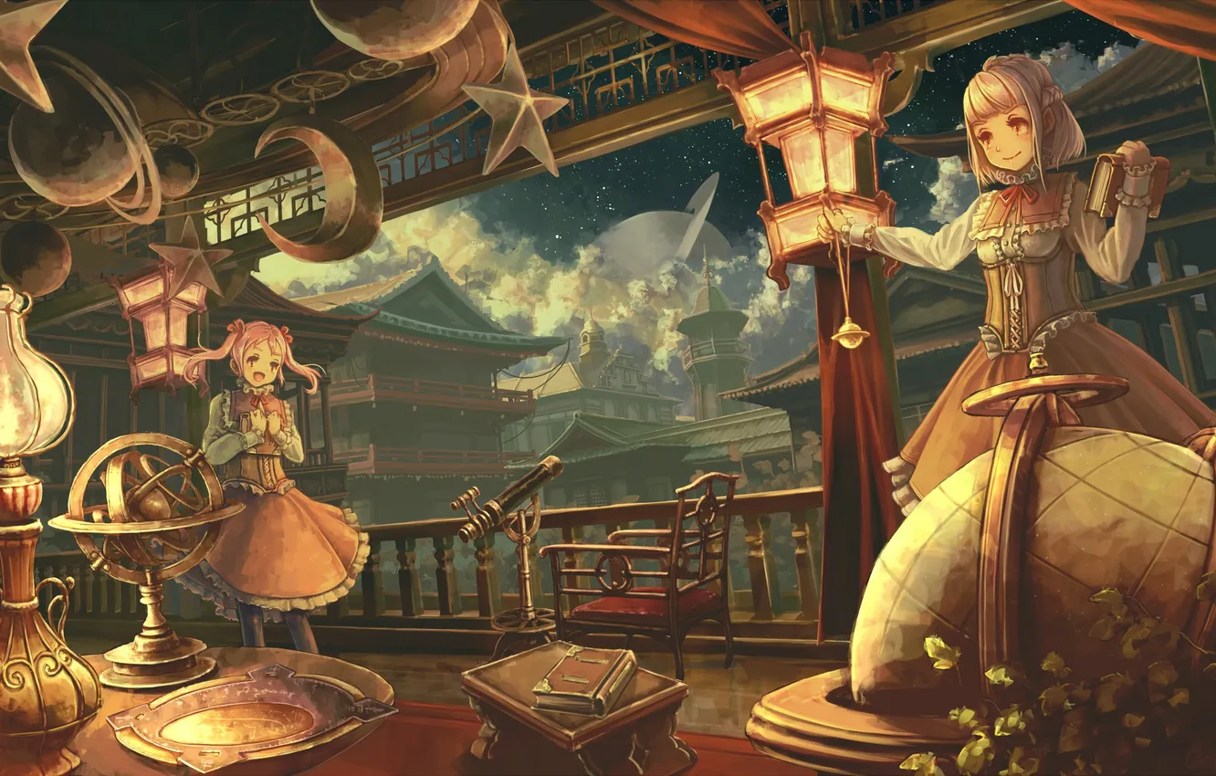 Photo wallpaper the sky, girl, stars, clouds, night, planet, Saturn, chair