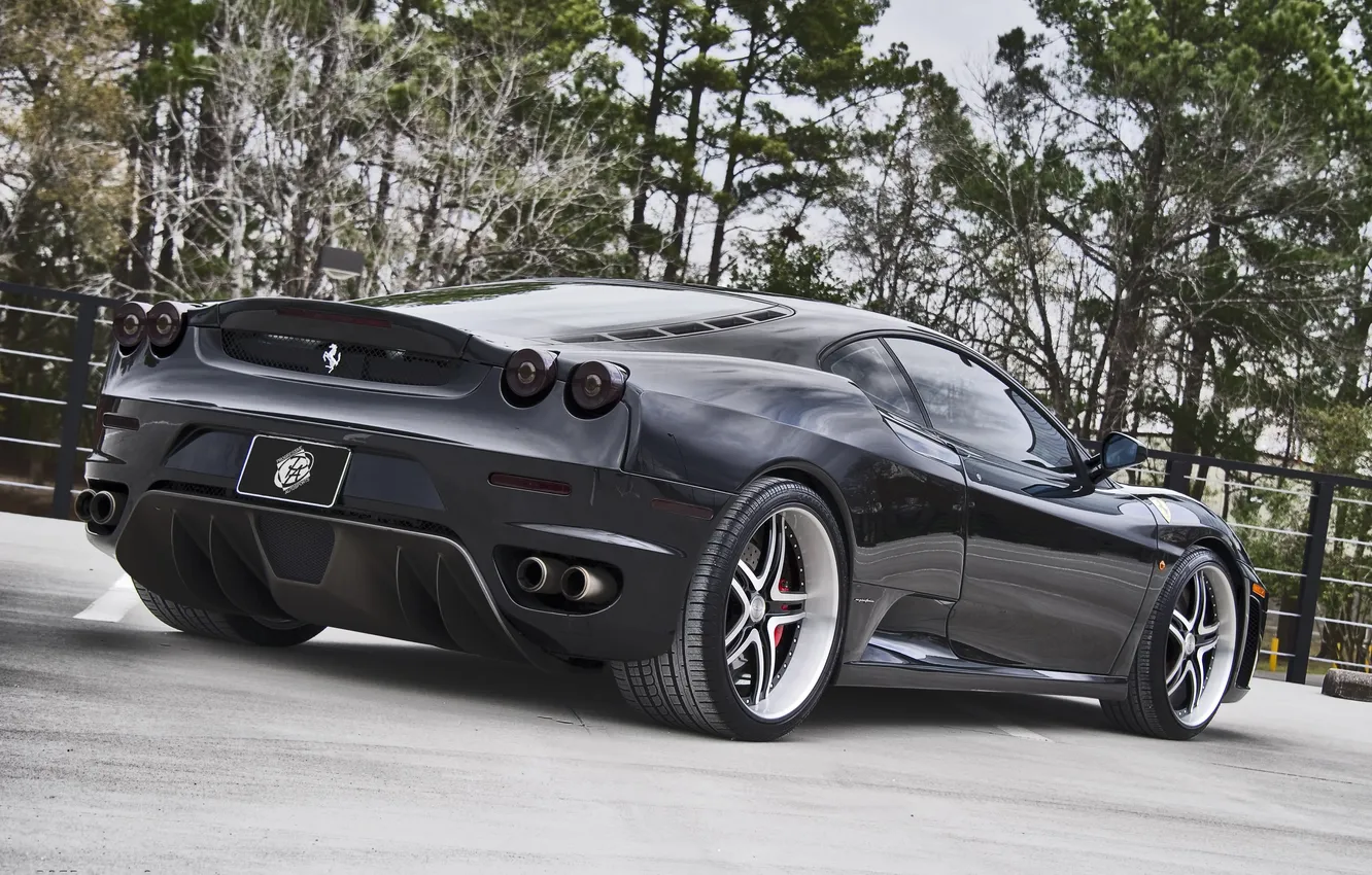 Photo wallpaper the sky, asphalt, trees, strip, black, F430, Ferrari, Ferrari