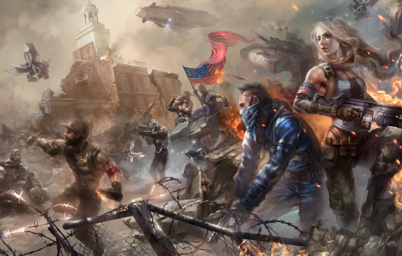 Photo wallpaper girl, the city, war, art, soldiers, male, ruins, Homefront: The Revolution