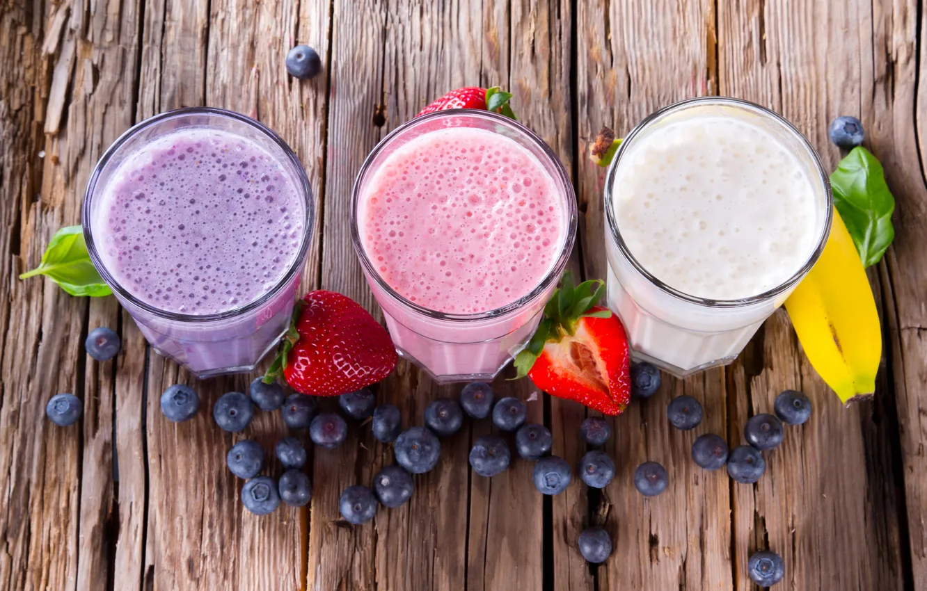 Photo wallpaper berries, blueberries, strawberry, bananas, fruit, milkshake