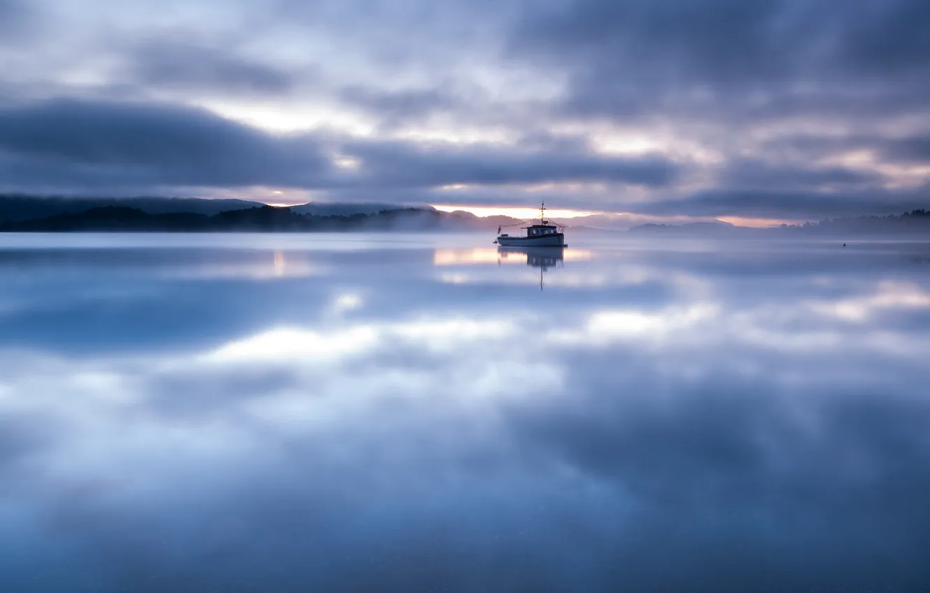 Photo wallpaper landscape, night, lake, ship