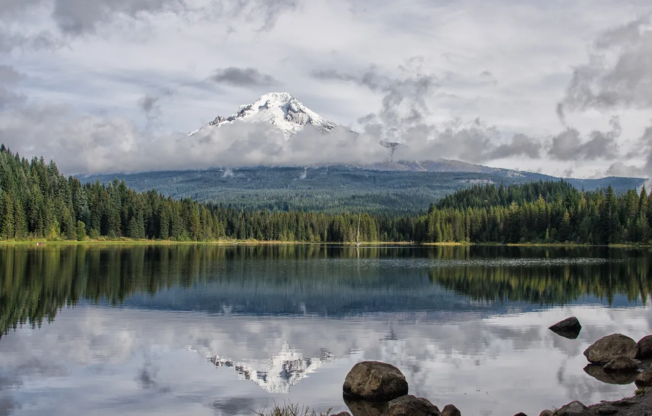 Photo wallpaper forest, snow, mountains, nature, lake, reflection, stones