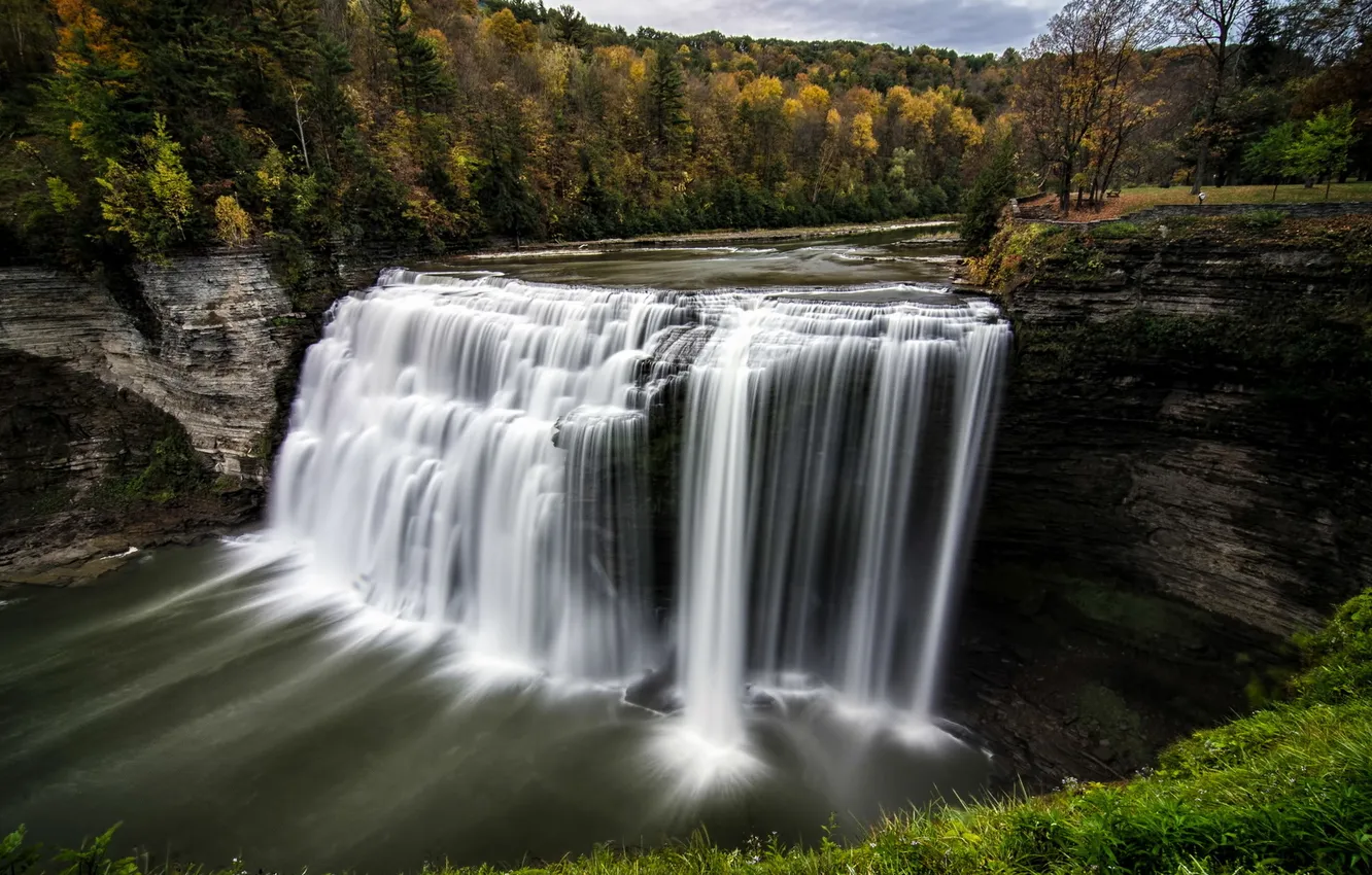 Photo wallpaper autumn, waterfall, Letchworth State Park, Middle Falls