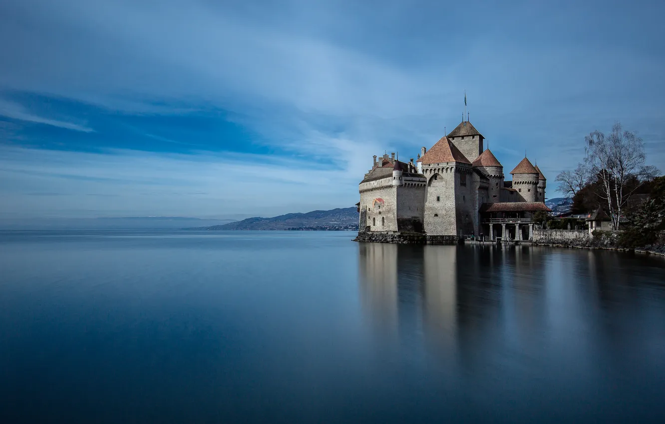 Photo wallpaper lake, castle, tower, Switzerland, Chillon Castle, Silion