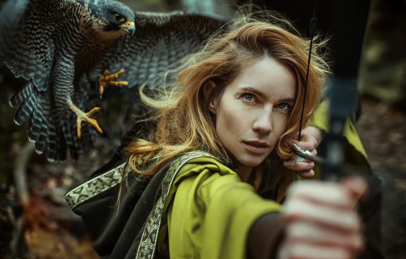 Photo wallpaper look, girl, style, bird, woman, bow, fantasy, Falcon
