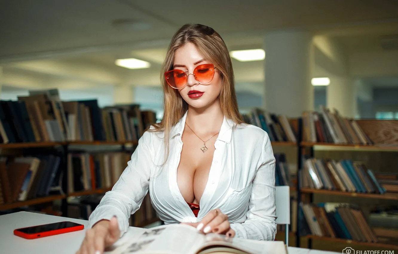 Photo wallpaper chest, girl, glasses, book, library, Dmitry Filatov, reader