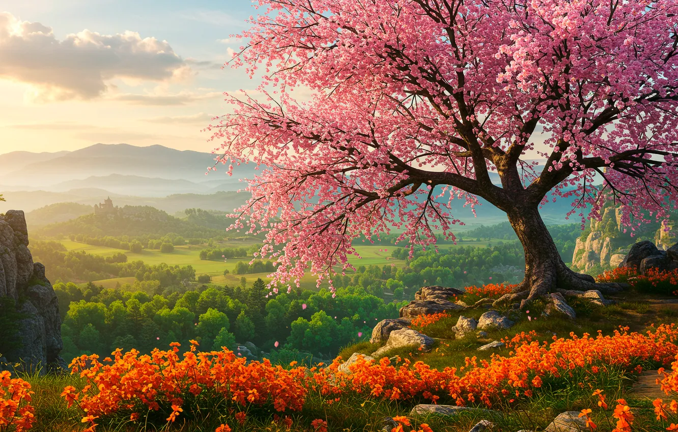 Photo wallpaper the sky, clouds, flowers, tree, spring, valley, beautiful, sakkura