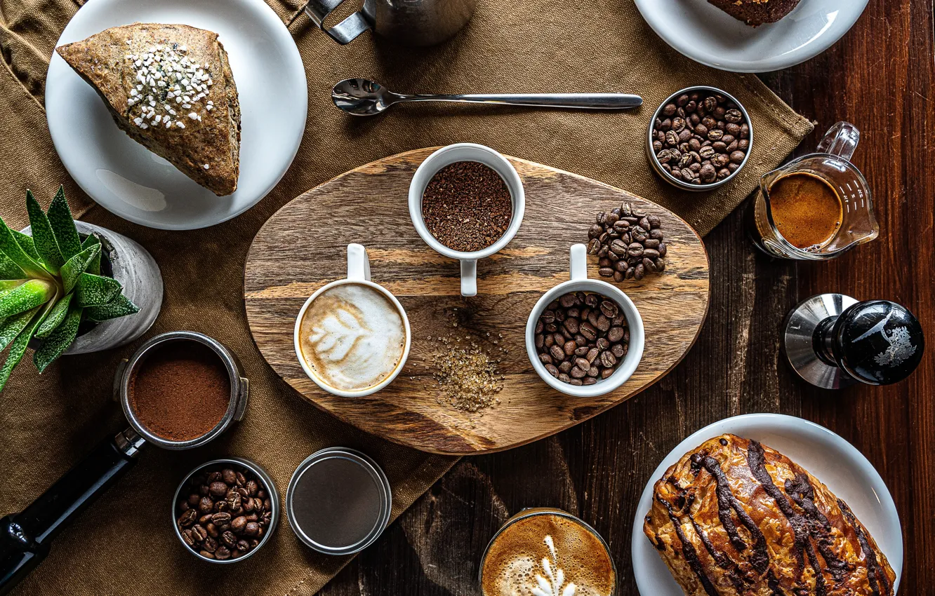 Photo wallpaper table, Board, plant, coffee, hammer, spoon, mug, Cup