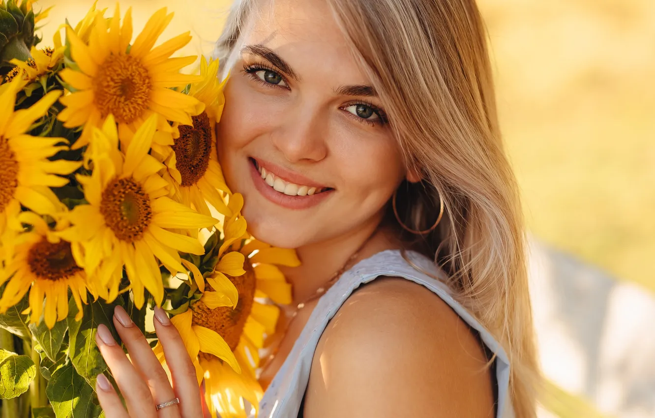 Photo wallpaper sunflowers, blonde, Maria Kostina, Lera