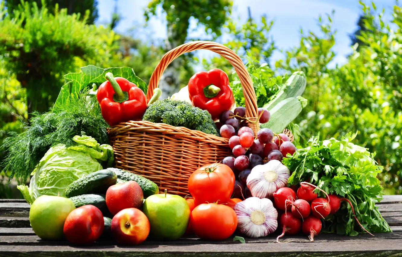 Photo wallpaper nature, basket, apples, grapes, pepper, fruit, vegetables, tomatoes