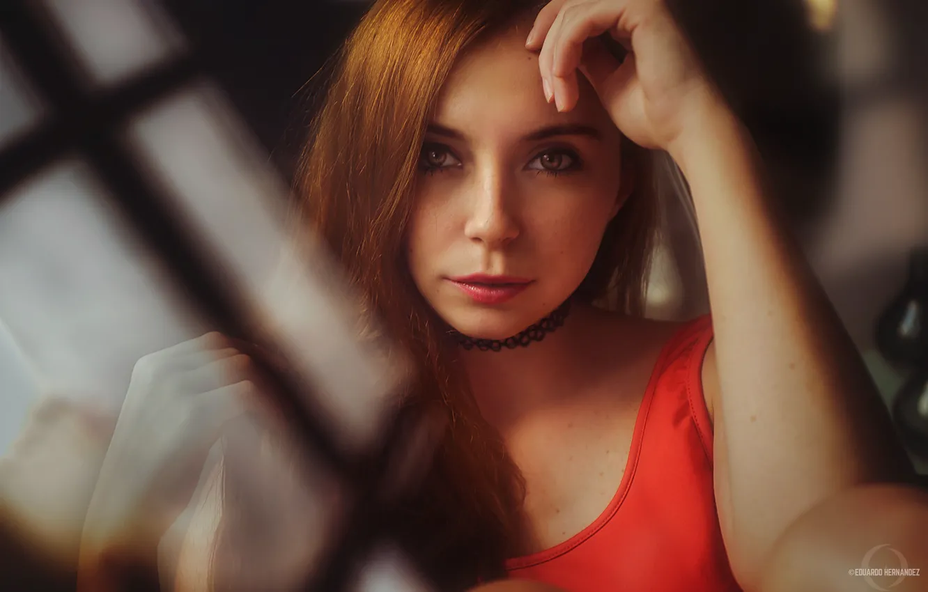 Photo wallpaper pose, portrait, makeup, hairstyle, beauty, in red, redhead, bokeh